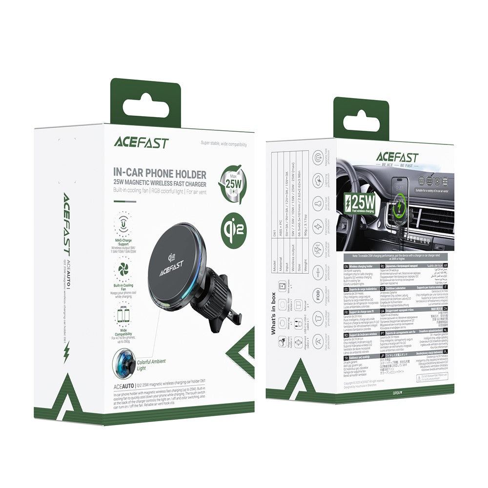 ACEFAST D61 QI2 25W Magnetic Wireless Charging Car Mount Adjustable Car Charging Holder with Cooling Fan