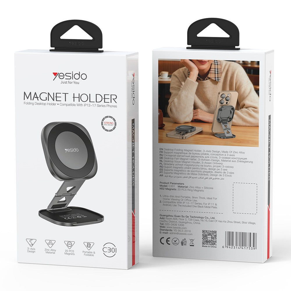 YESIDO C301 Foldable Desktop Magnetic Phone Holder 3-Stage Damping Hinge Travel Stand