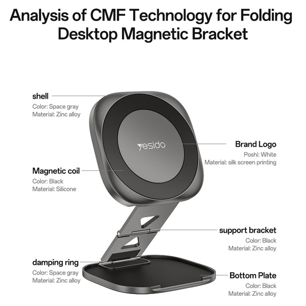 YESIDO C301 Foldable Desktop Magnetic Phone Holder 3-Stage Damping Hinge Travel Stand