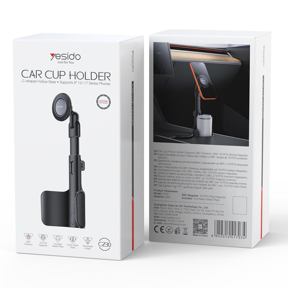 YESIDO C230 Car Cup Holder Phone Mount 360 Degree Rotating Magnetic Cellphone Stand