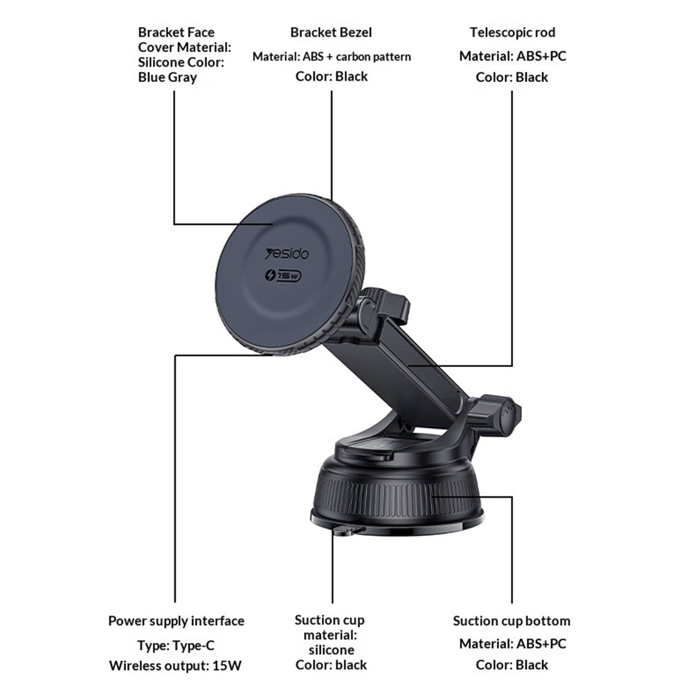 YESIDO C321 Suction Cup Mount 15W Wireless Car Charger 360 Degree Rotation Magnetic Phone Holder