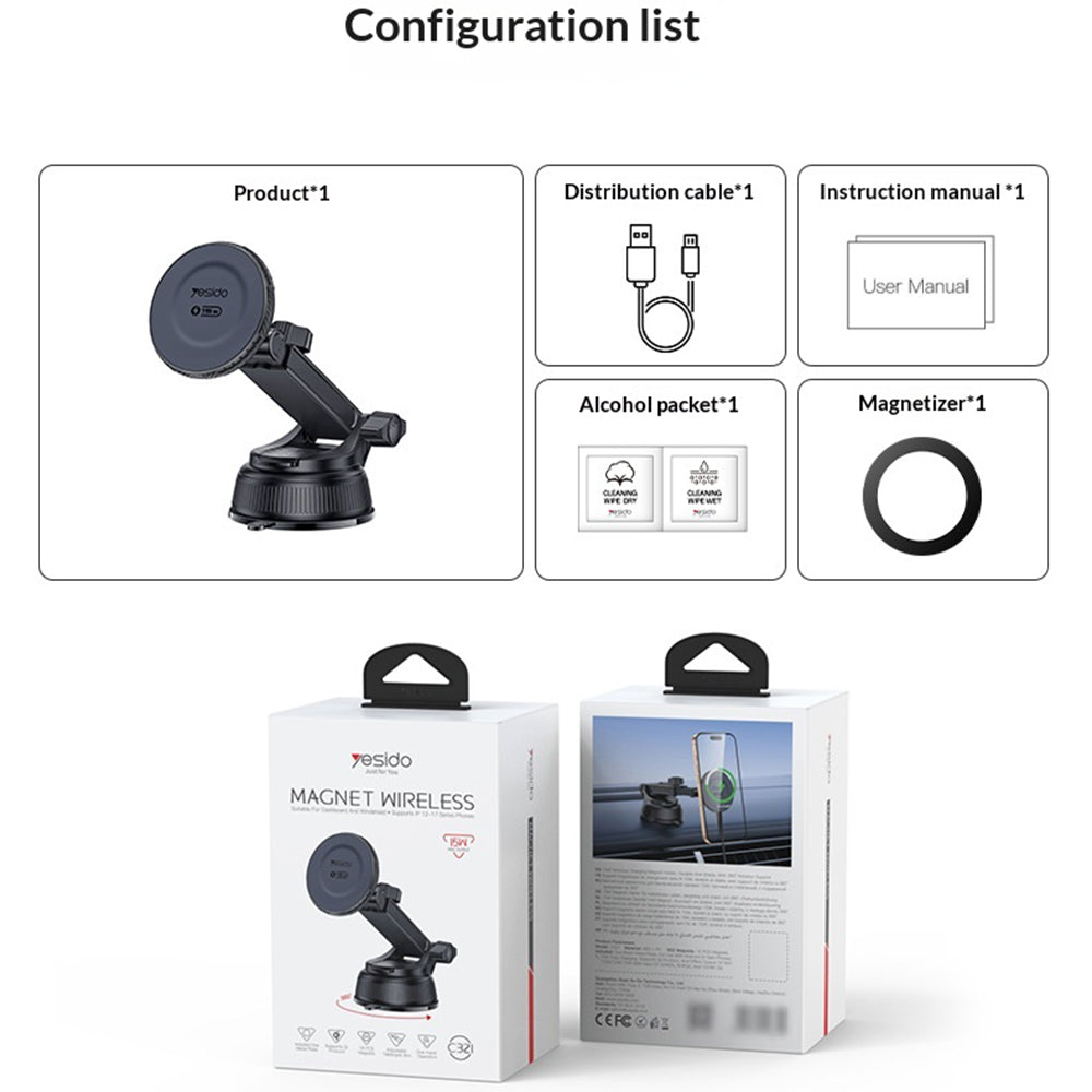 YESIDO C321 Suction Cup Mount 15W Wireless Car Charger 360 Degree Rotation Magnetic Phone Holder
