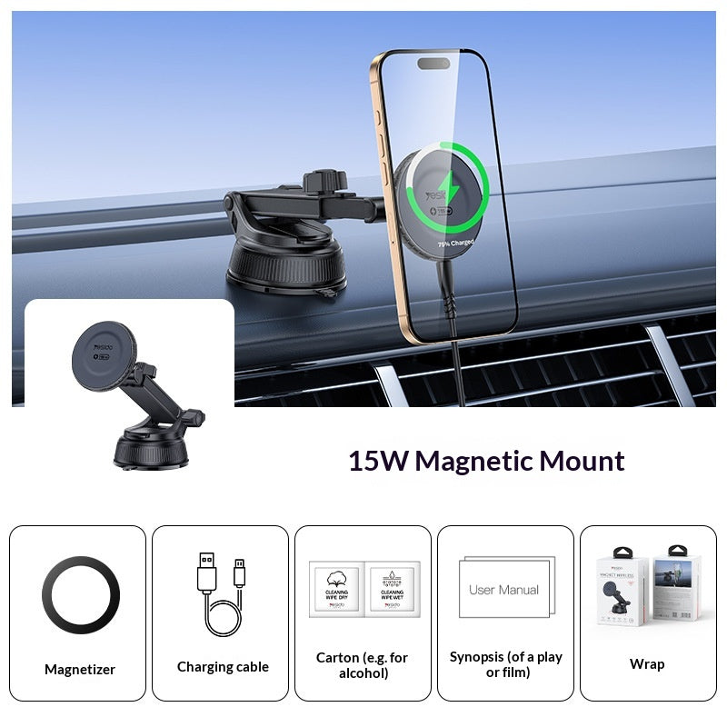 YESIDO C321 Suction Cup Mount 15W Wireless Car Charger 360 Degree Rotation Magnetic Phone Holder