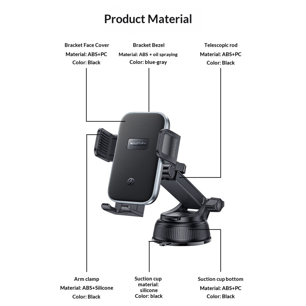 YESIDO C320 15W Wireless Charger Car Suction Cup Mount 360 Degree Rotation Phone Holder Stand for Dashboard