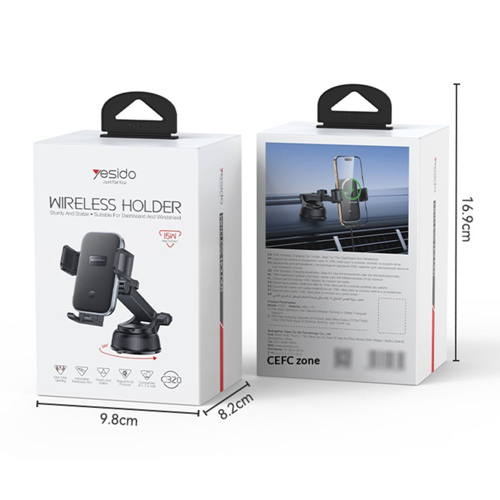 YESIDO C320 15W Wireless Charger Car Suction Cup Mount 360 Degree Rotation Phone Holder Stand for Dashboard