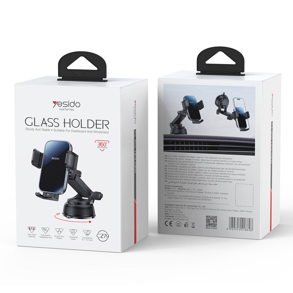 YESIDO C279 360° Rotating Car Phone Holder Suction Cup Mount Dashboard Windshield Stand Adjustable Bracket