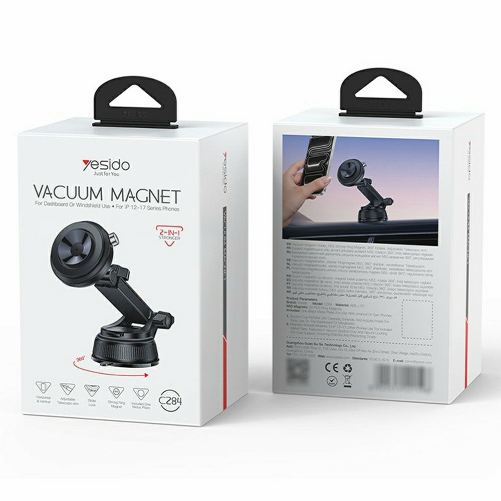YESIDO C284 2 in 1 Vacuum Suction Magnetic Car Phone Mount 360 Degree Rotation for Dashboard / Windshield