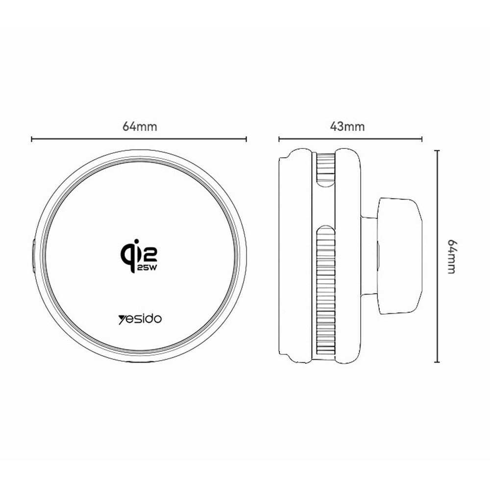 YESIDO C326 Qi2 25W Magnetisk Trådlös Billaddare Kylande Fäste med Sugkopp och Luftventilklämma