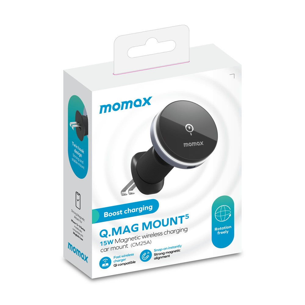 MOMAX Q.MAG MOUNT 5 CM25A magnetisk trådløs biloplader montering luftventil mobilopladerholder (15W mørkegrå)