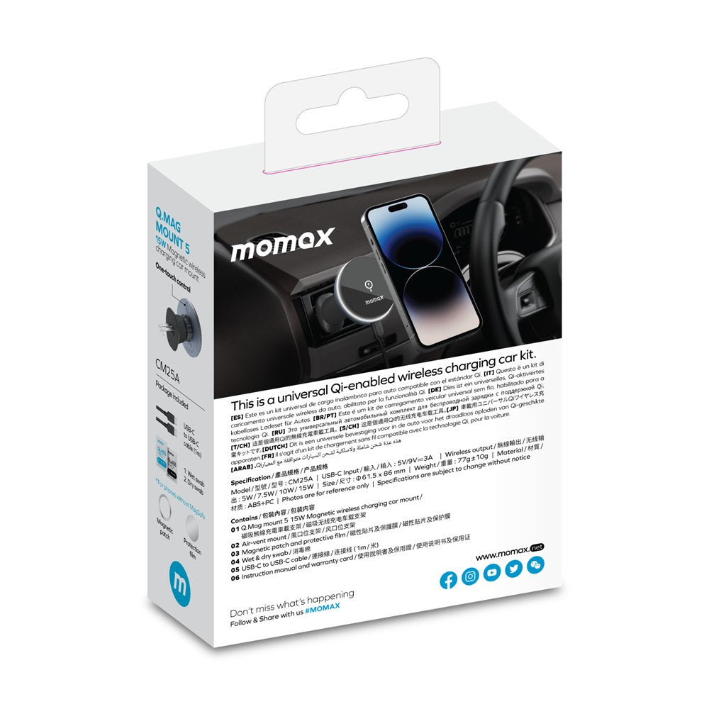 MOMAX Q.MAG MOUNT 5 CM25A magnetisk trådløs biloplader montering luftventil mobilopladerholder (15W mørkegrå)