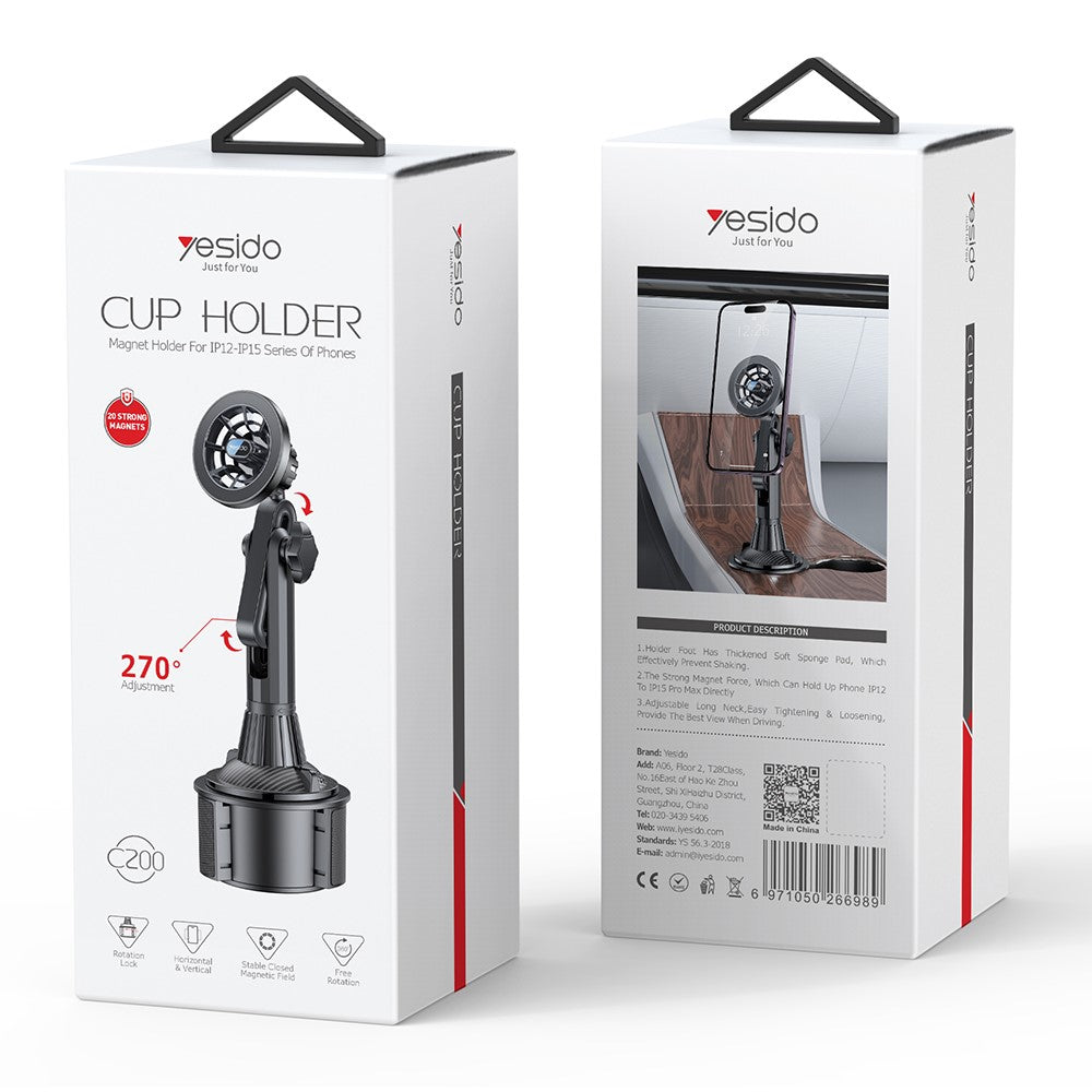 YESIDO C200 For iPhone 12 / 13 / 14 / 15 Car Cup Holder Mount Phone Bracket