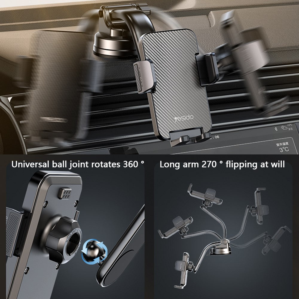 YESIDO C172 Suction Cup Multi-Function Dashboard Phone Mount Car Magnetic Phone Holder for iPhone 16 / 16 Plus / 16 Pro / 16 Pro Max