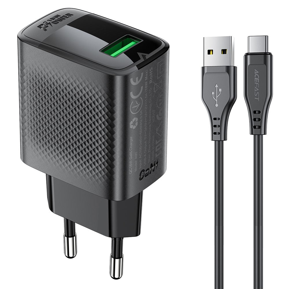 ACEFAST A90 GaN Vægoplader QC 18W Enkel USB-A Strømadapter med Type-C Kabel