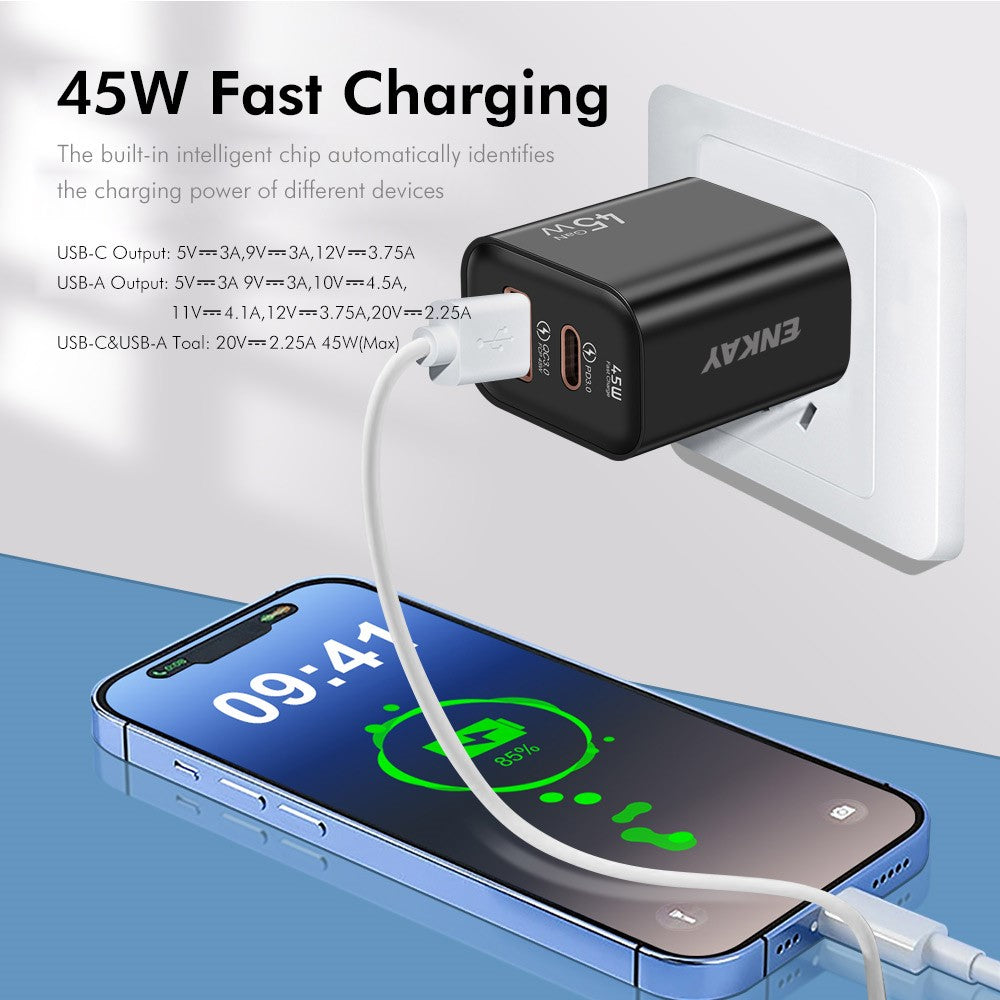 ENKAY ENK-FC001 45W USB-A + Type-C Dual Port Wall Charger Power Adapter