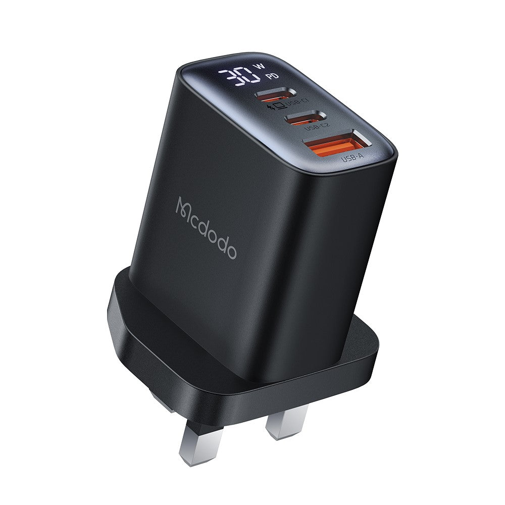 MCDODO CH-2170 30W 3-Port Digital Display Fast Charger (Dual Type-C+USB-A), UK Plug