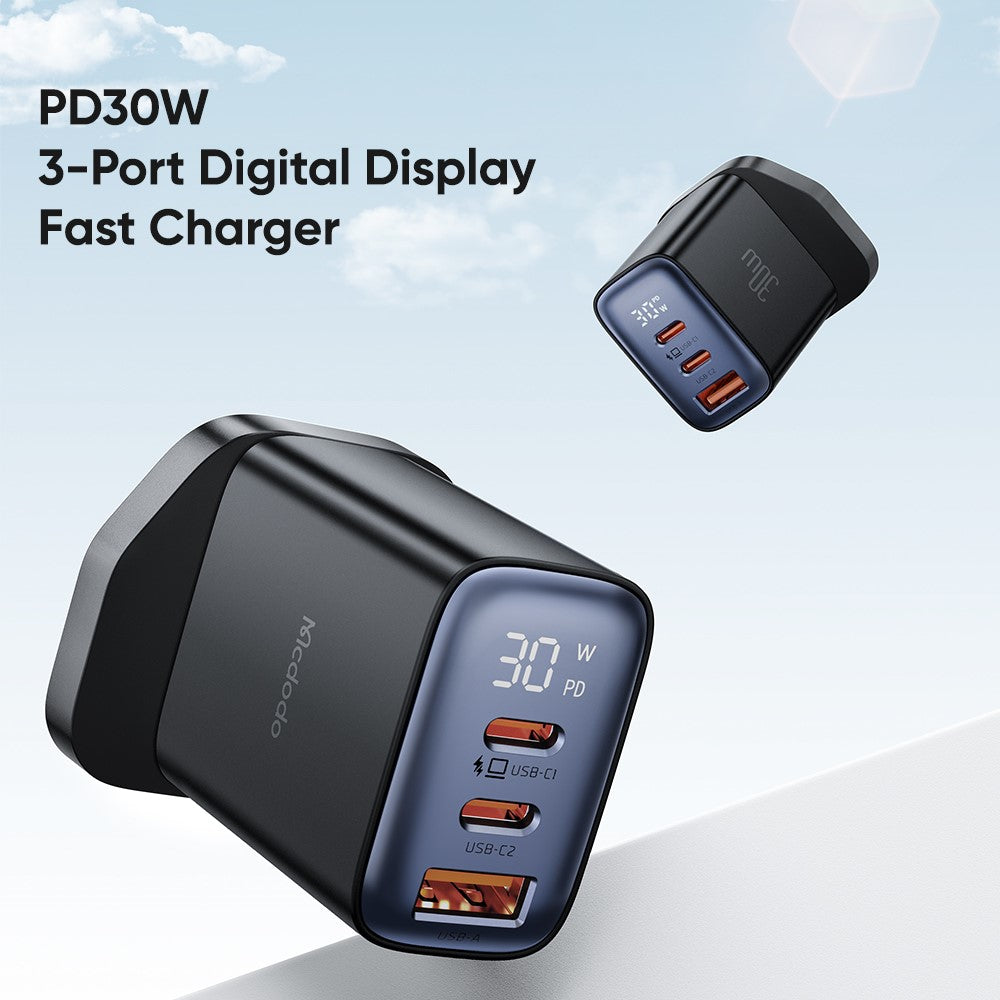 MCDODO CH-2170 30W 3-Port Digital Display Fast Charger (Dual Type-C+USB-A), UK Plug