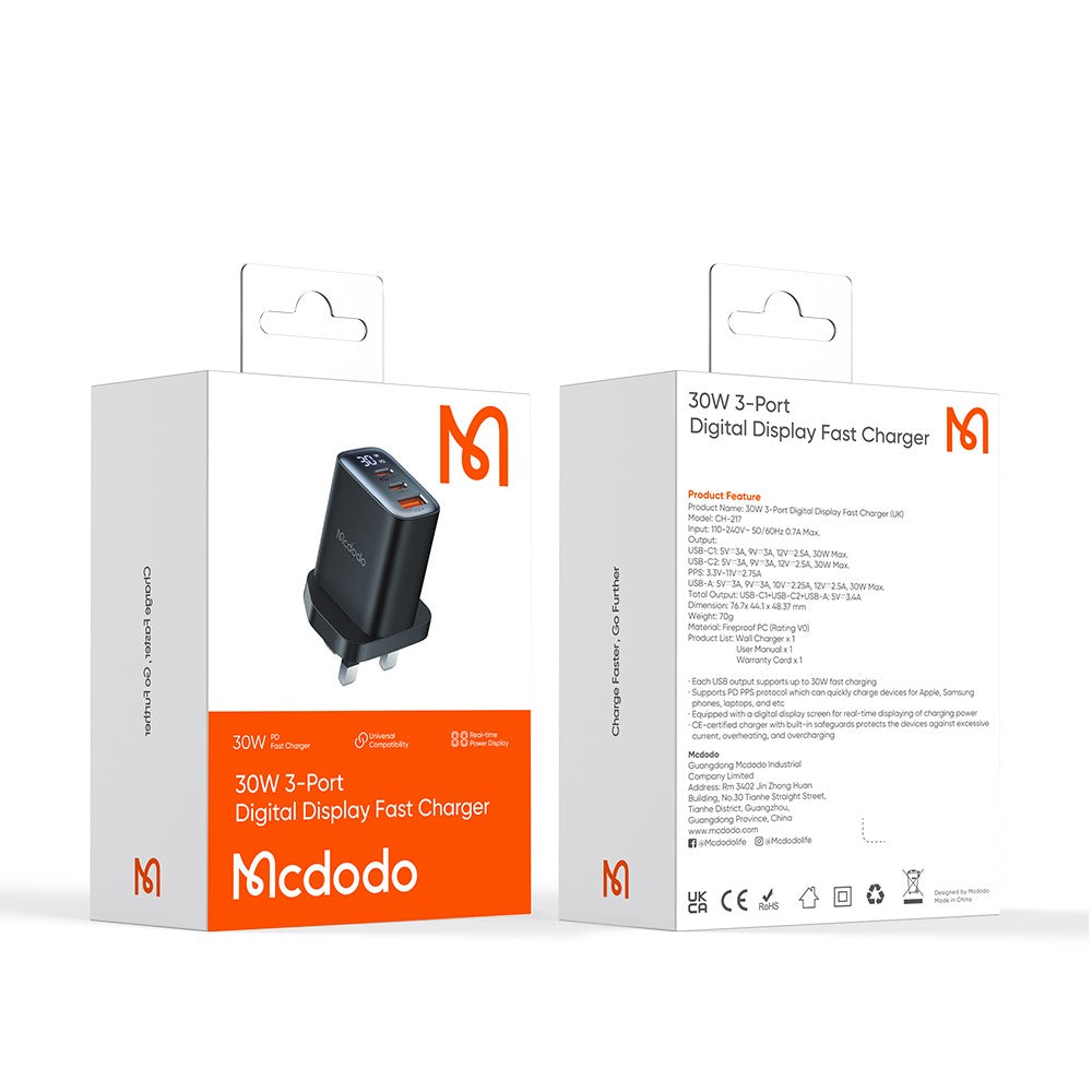 MCDODO CH-2170 30W 3-Port Digital Display Fast Charger (Dual Type-C+USB-A), UK Plug