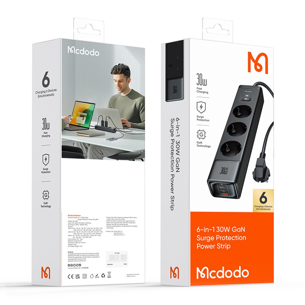 MCDODO CH-0620 EU Plug 6-in-1 30W GaN Surge Protection Power Strip (3 AC+2 USB-C+USB-A)