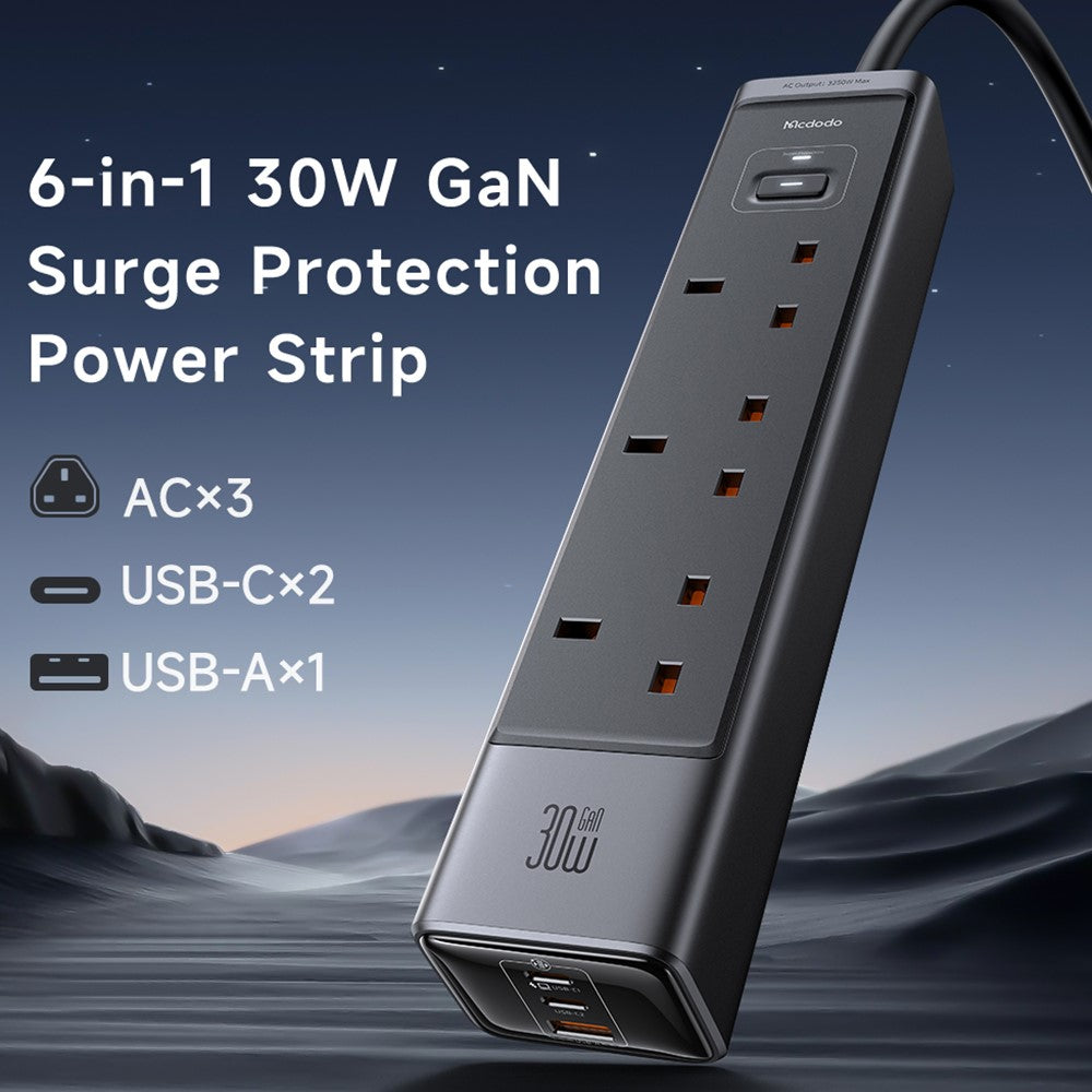 MCDODO CH-0600 UK-stik 6-i-1 30W GaN Overspændingsbeskyttelses Strømskinne (3 AC+2 USB-C+USB-A)