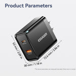ESSAGER 65W Fast Charging Portable Power Adapter USB-A + Type-C Dual Ports Travel Charger
