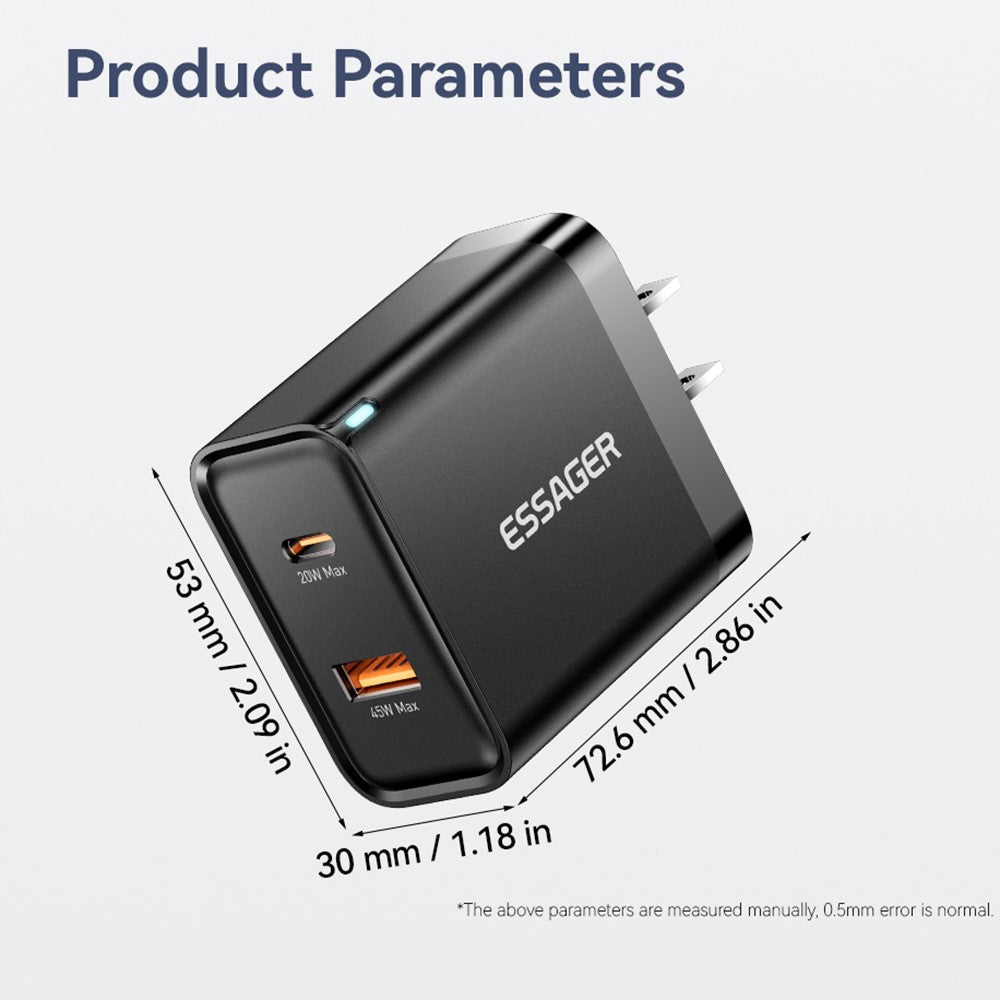 ESSAGER 65W Fast Charging Portable Power Adapter USB-A + Type-C Dual Ports Travel Charger