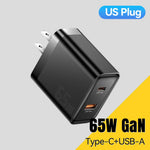 ESSAGER 65W Fast Charging Portable Power Adapter USB-A + Type-C Dual Ports Travel Charger