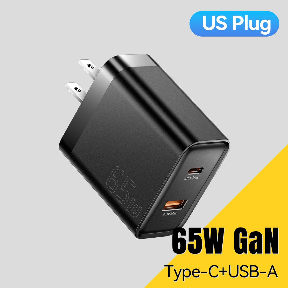 ESSAGER 65W Fast Charging Portable Power Adapter USB-A + Type-C Dual Ports Travel Charger