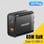 ESSAGER 65W Fast Charging Portable Power Adapter USB-A + Type-C Dual Ports Travel Charger