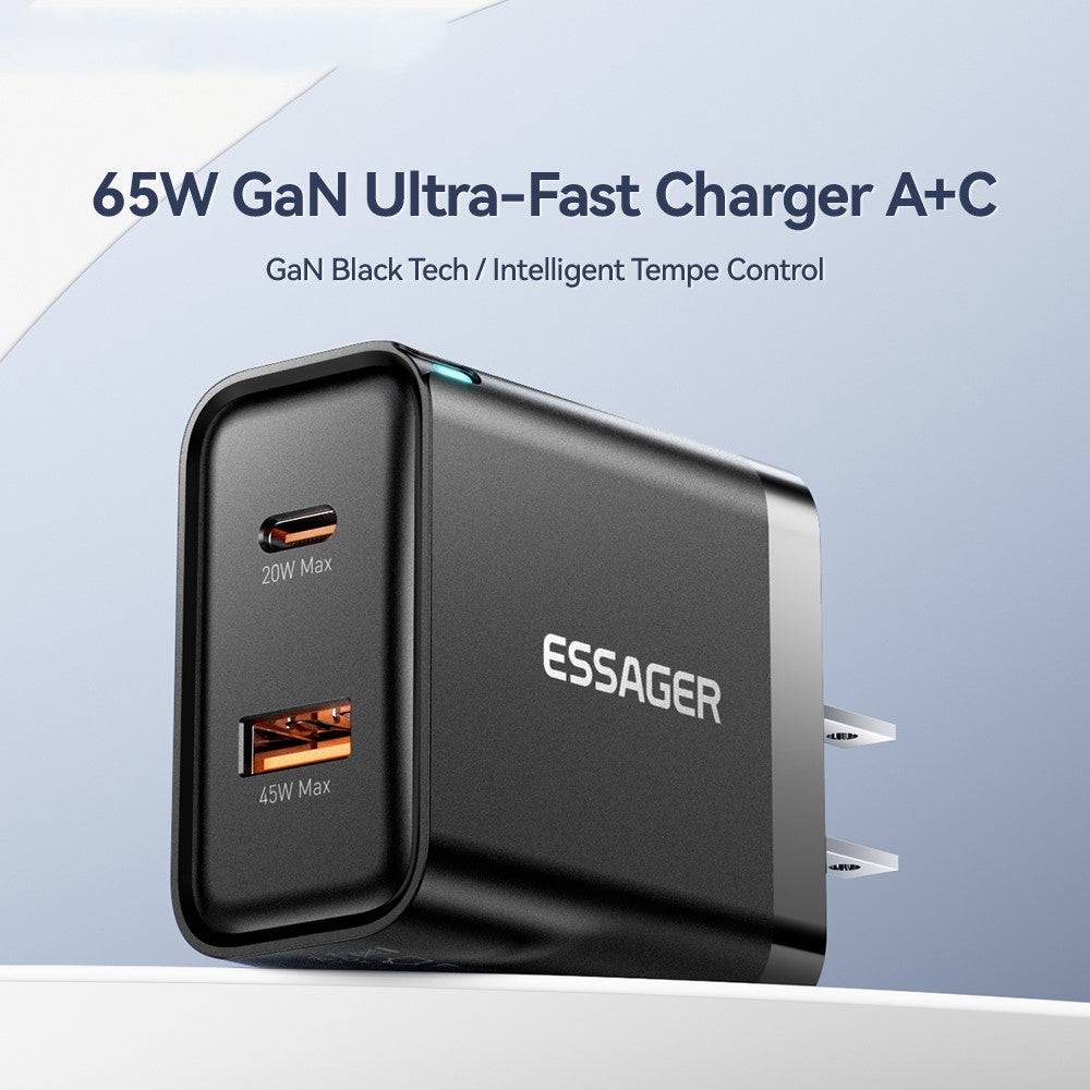 ESSAGER 65W Fast Charging Portable Power Adapter USB-A + Type-C Dual Ports Travel Charger