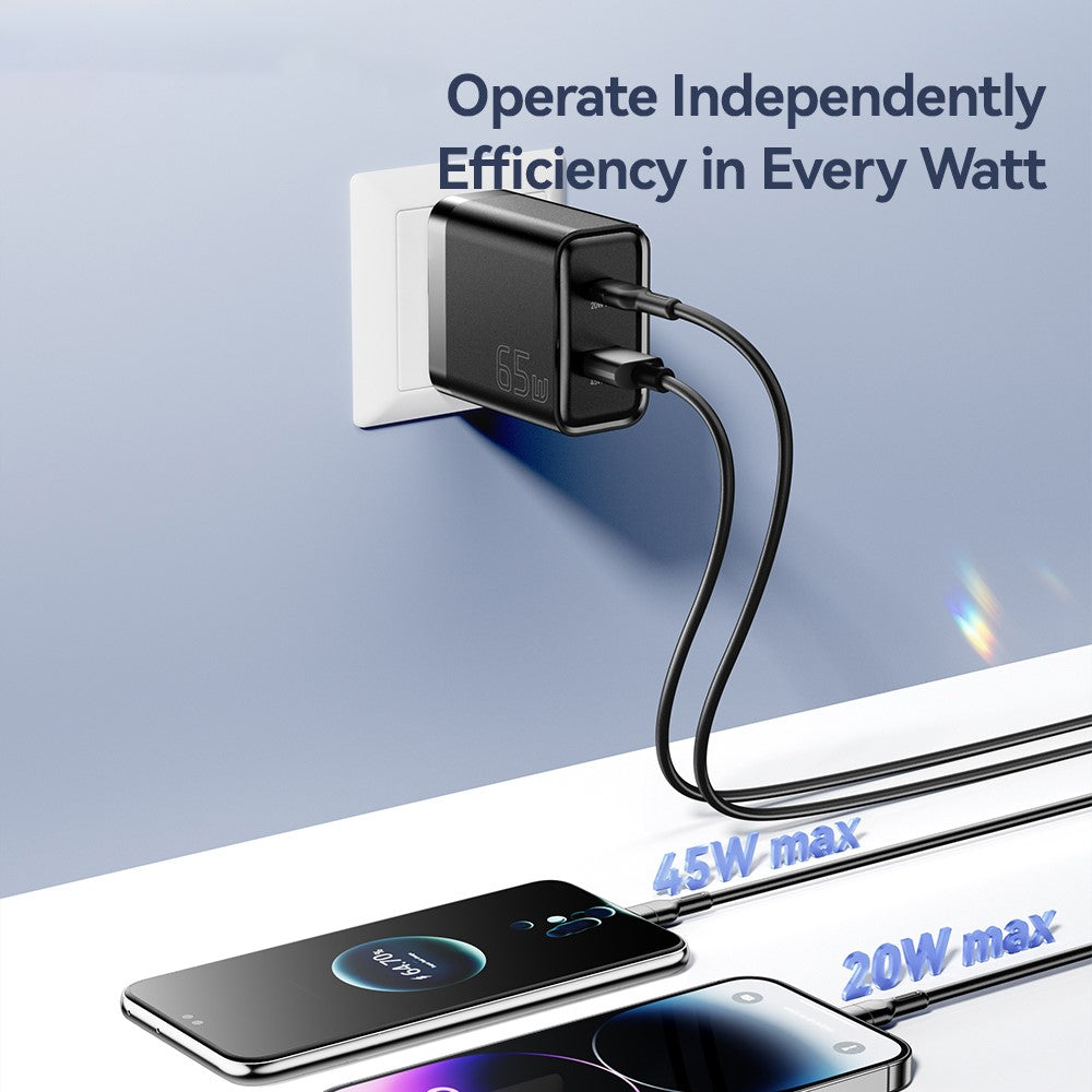 ESSAGER 65W Fast Charging Portable Power Adapter USB-A + Type-C Dual Ports Travel Charger