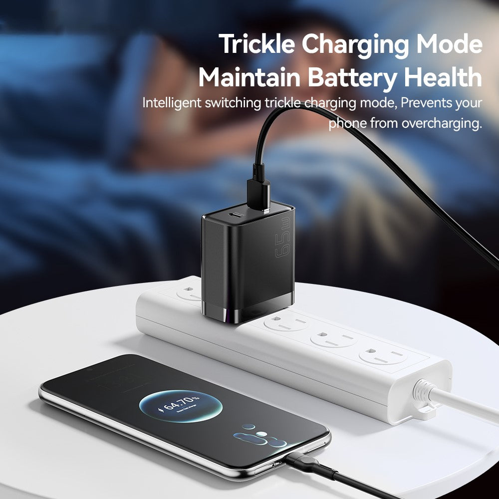 ESSAGER 65W Fast Charging Portable Power Adapter USB-A + Type-C Dual Ports Travel Charger