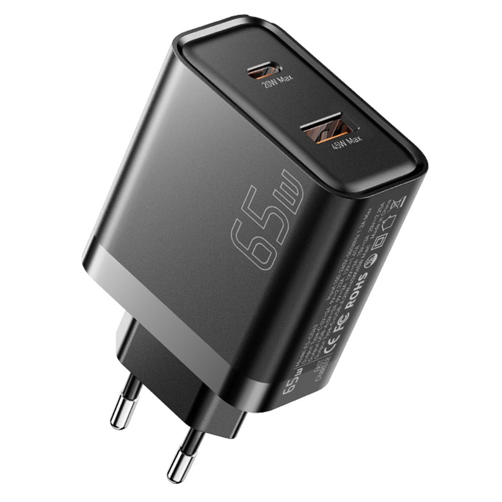 ESSAGER 65W Fast Charging Portable Power Adapter USB-A + Type-C Dual Ports Travel Charger