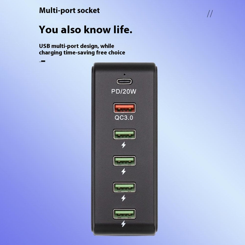 818PD QC3.0 PD 20W Fast Charging Station 5 USB + 1 Type-C Phone Tablet Desktop Charger