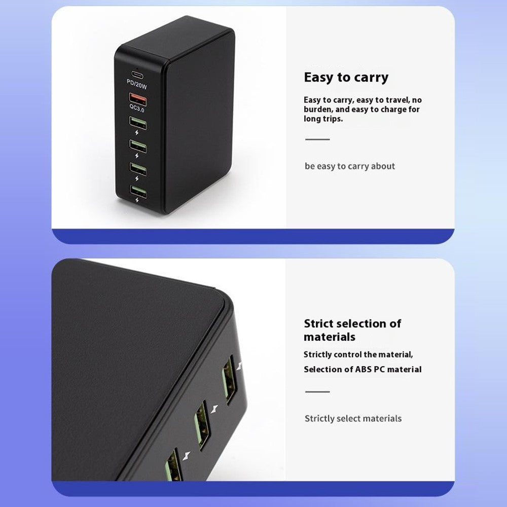818PD QC3.0 PD 20W Fast Charging Station 5 USB + 1 Type-C Phone Tablet Desktop Charger