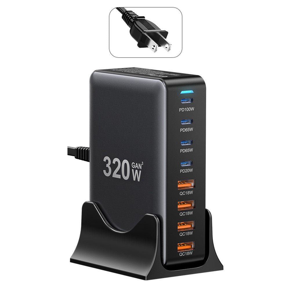 ESSAGER GaN-ladestation med 4 USB-C- + 4 USB-A-porte 100W hurtigoplader til bærbar computer, telefon og tablet