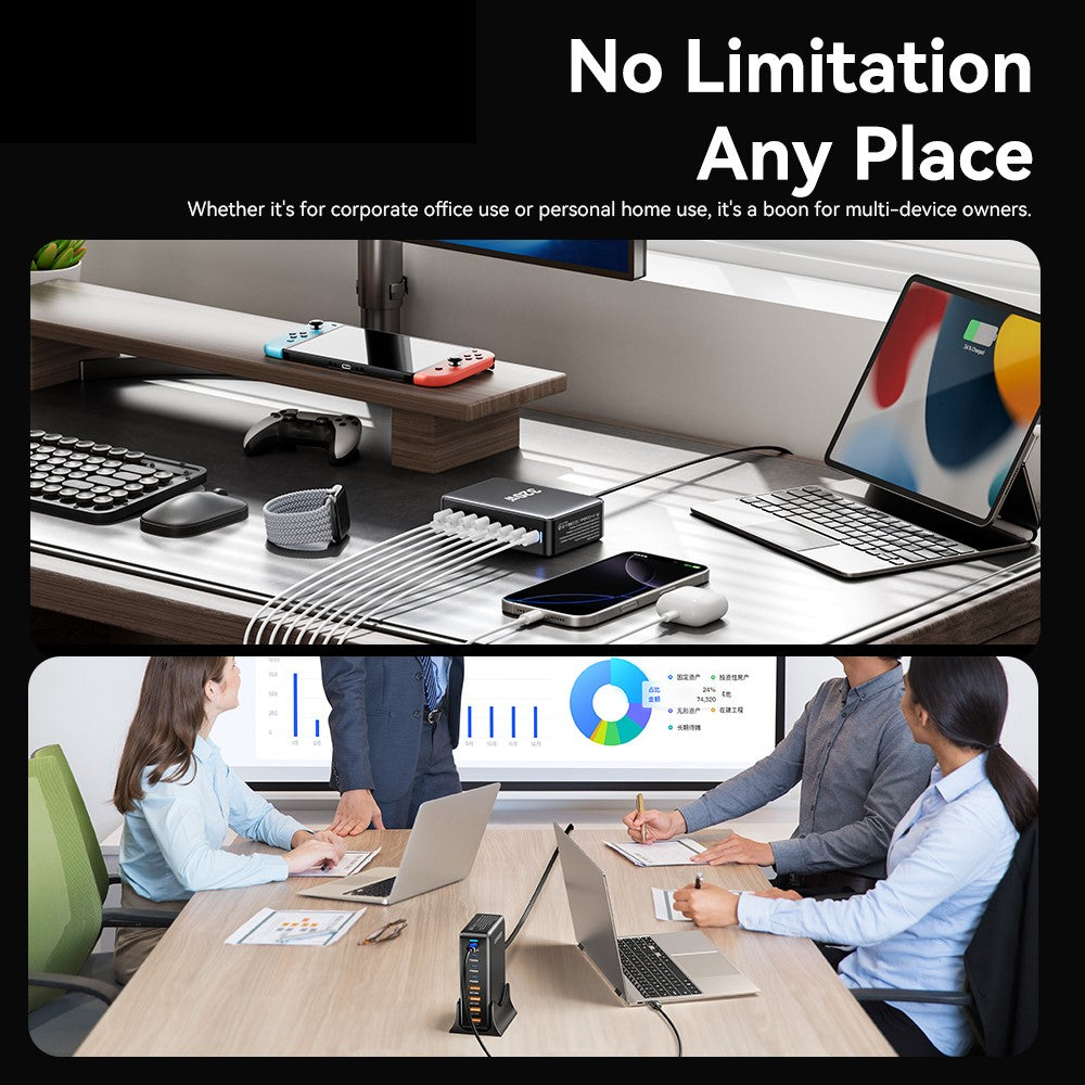 ESSAGER GaN-ladestation med 4 USB-C- + 4 USB-A-porte 100W hurtigoplader til bærbar computer, telefon og tablet