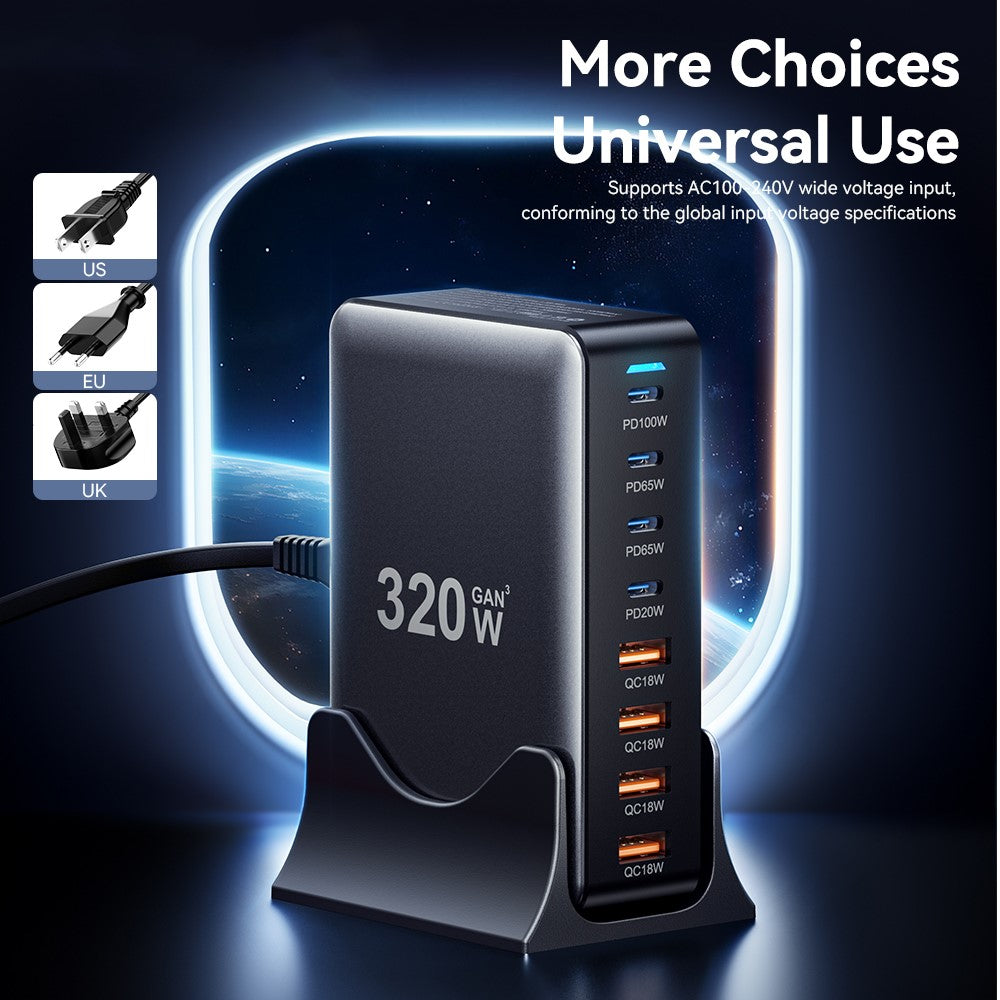 ESSAGER GaN-ladestation med 4 USB-C- + 4 USB-A-porte 100W hurtigoplader til bærbar computer, telefon og tablet