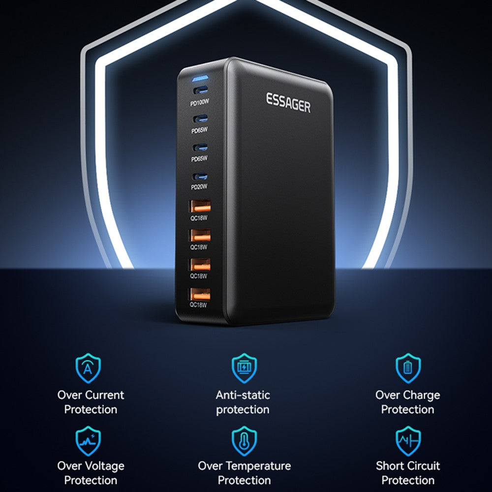 ESSAGER GaN-ladestation med 4 USB-C- + 4 USB-A-porte 100W hurtigoplader til bærbar computer, telefon og tablet