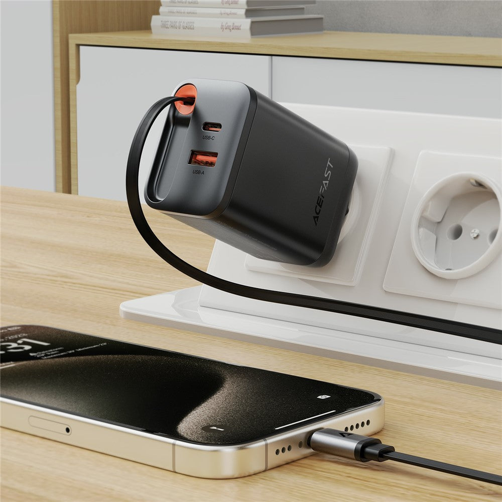 ACEFAST A111 67W GaN-oplader USB-A+Type-C-adapter med udtrækkeligt USB-C-kabel, EU-stik