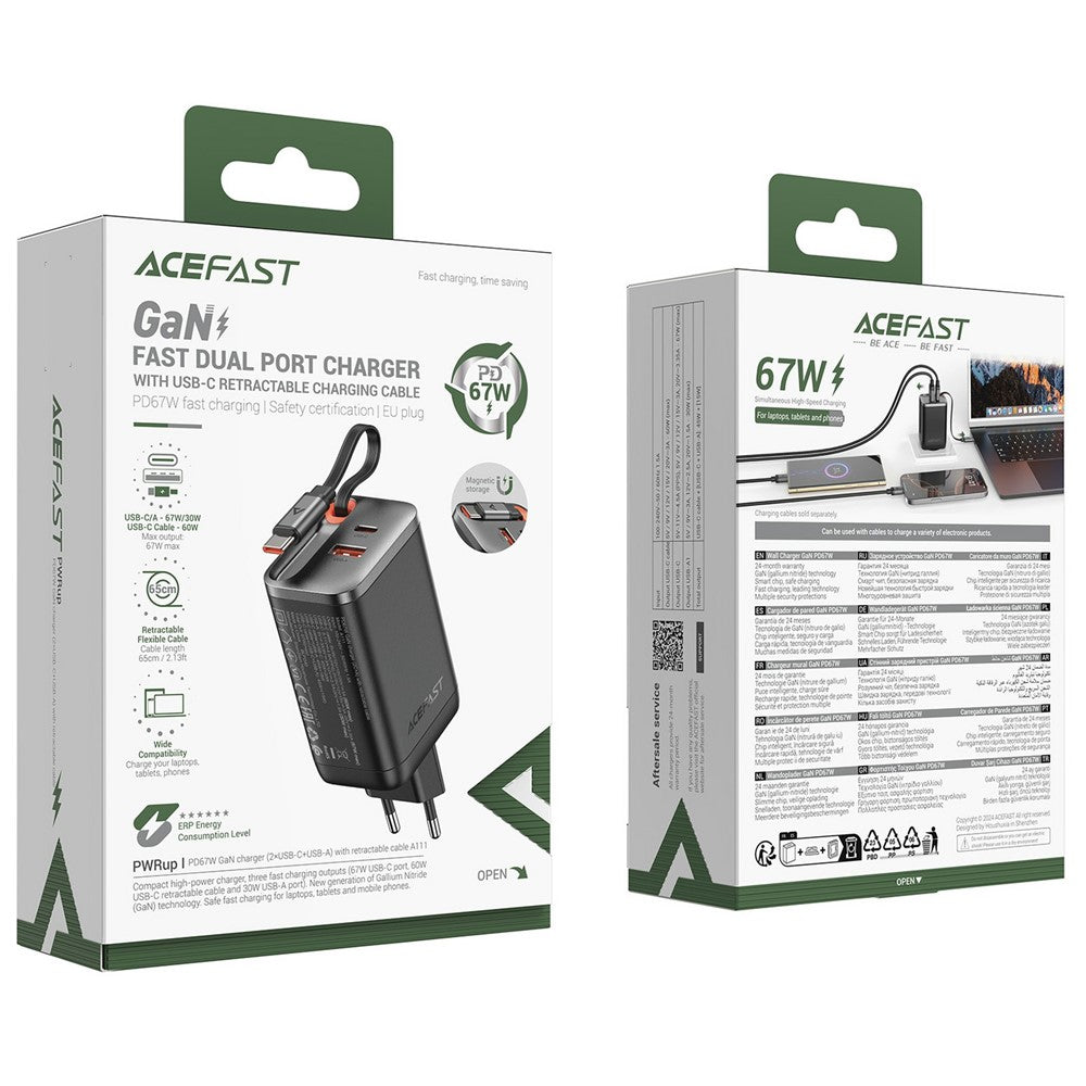 ACEFAST A111 67W GaN-oplader USB-A+Type-C-adapter med udtrækkeligt USB-C-kabel, EU-stik