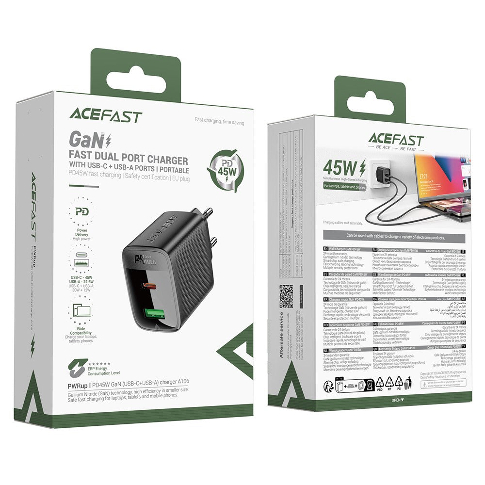 ACEFAST A106 GaN Charger PD 45W Fast Charging Dual Port USB-C USB-A Adapter