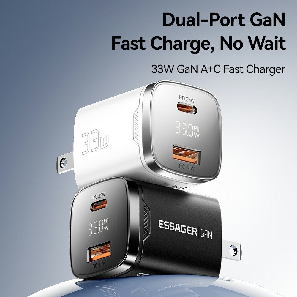 ESSAGER 33W Fast Charging Digital Display USB A + Type C Dual Port GaN Travel Charger