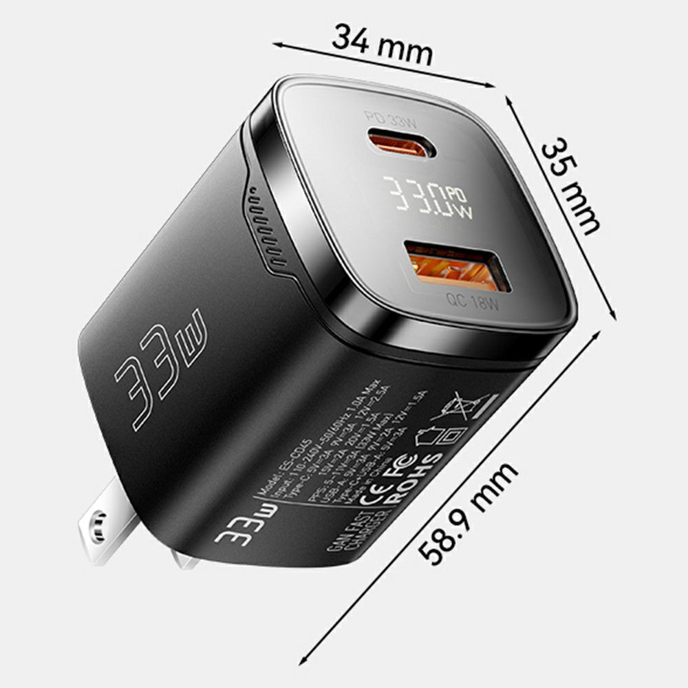 ESSAGER 33W Fast Charging Digital Display USB A + Type C Dual Port GaN Travel Charger