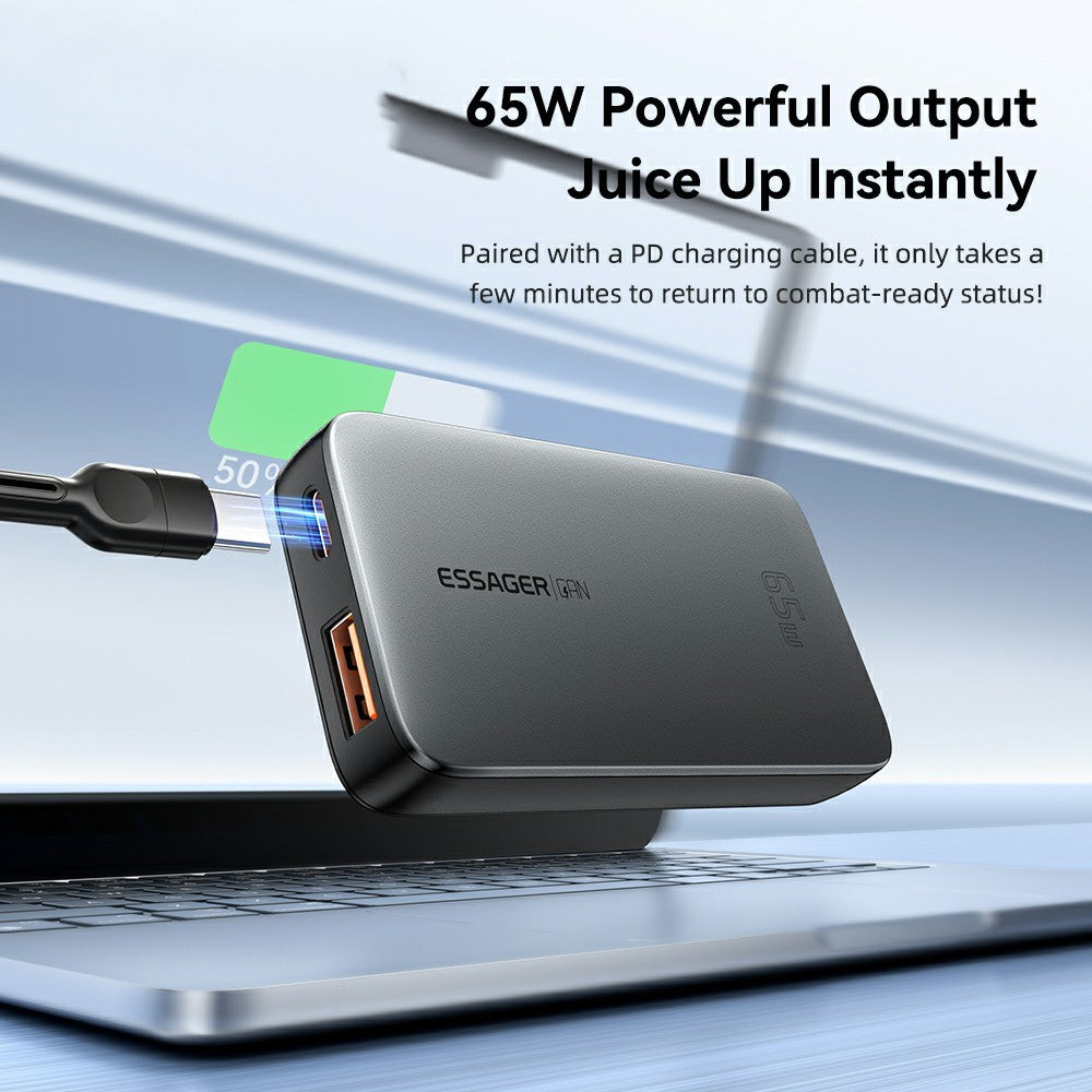 ESSAGER 65W Fast Charging Adapter USB A + Type C Dual Ports Ultra Slim GaN Travel Charger