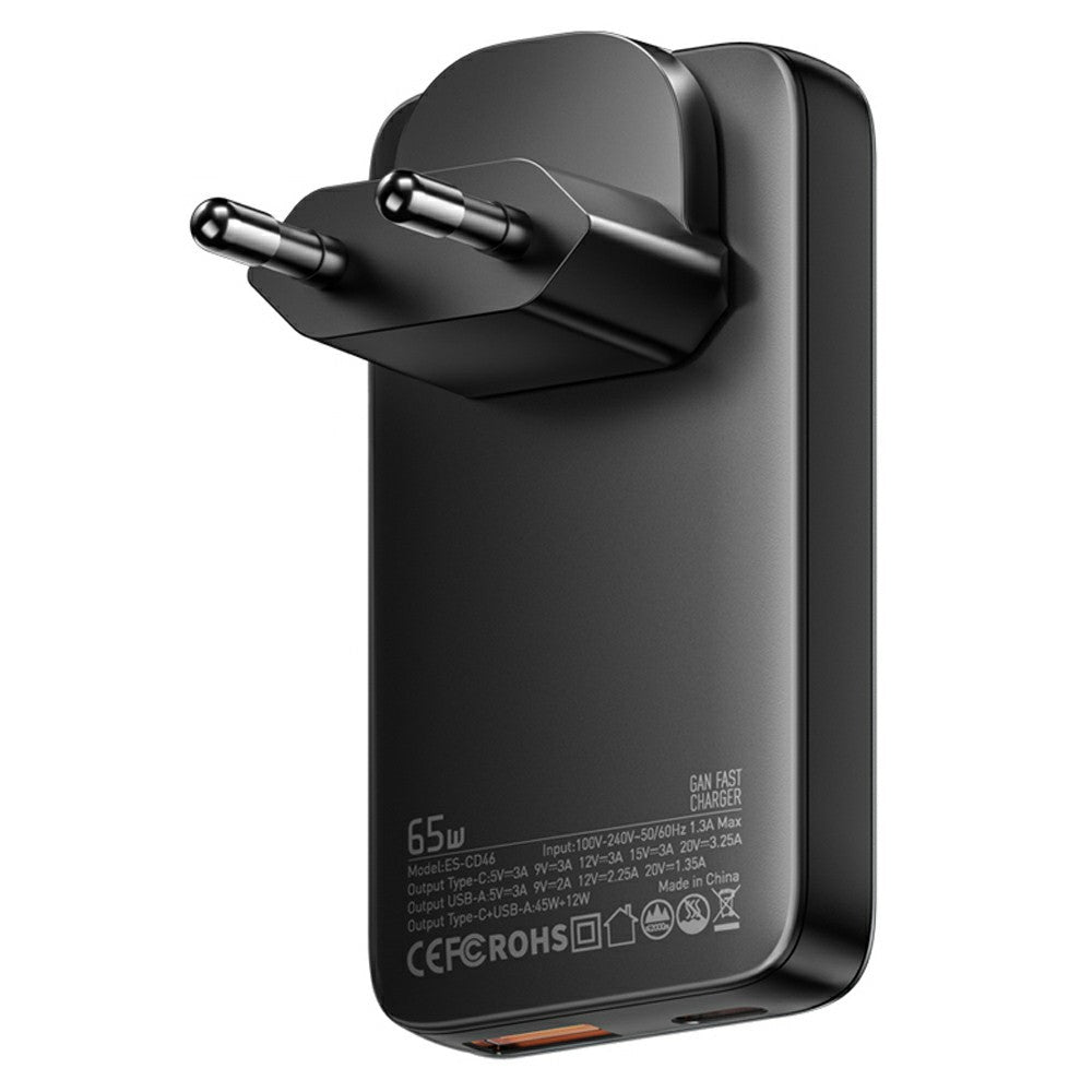 ESSAGER 65W Fast Charging Adapter USB A + Type C Dual Ports Ultra Slim GaN Travel Charger