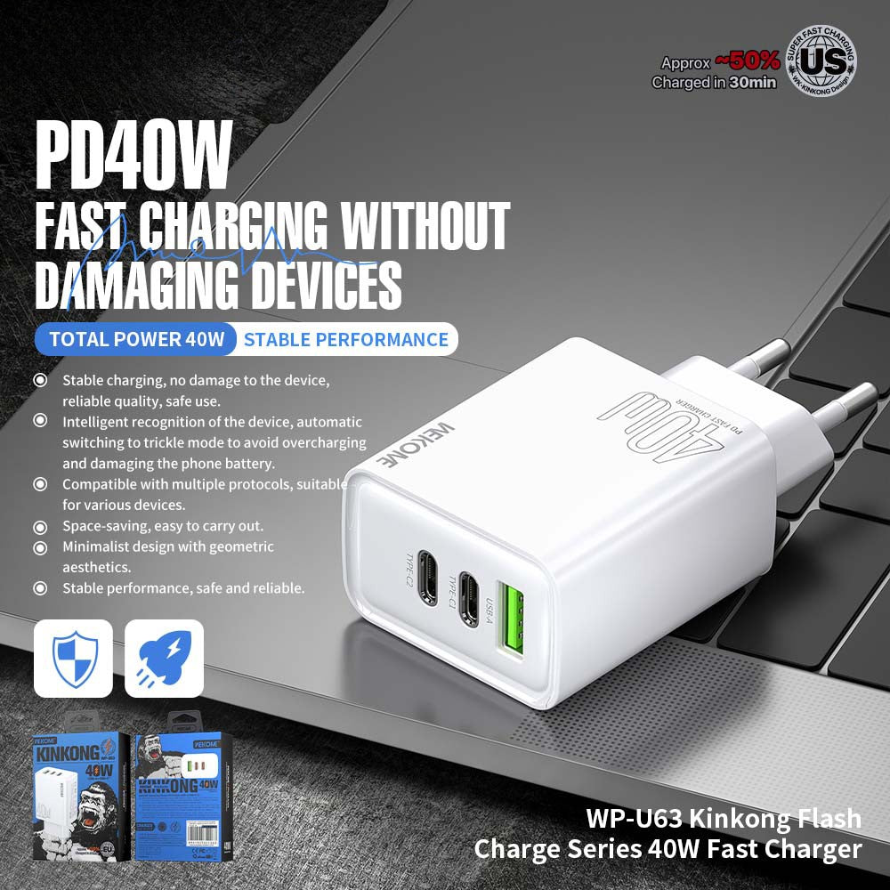WEKOME WP-U63 40W Fast Charger USB-A  /  Dual Type-C Ports Wall Charger Adapter