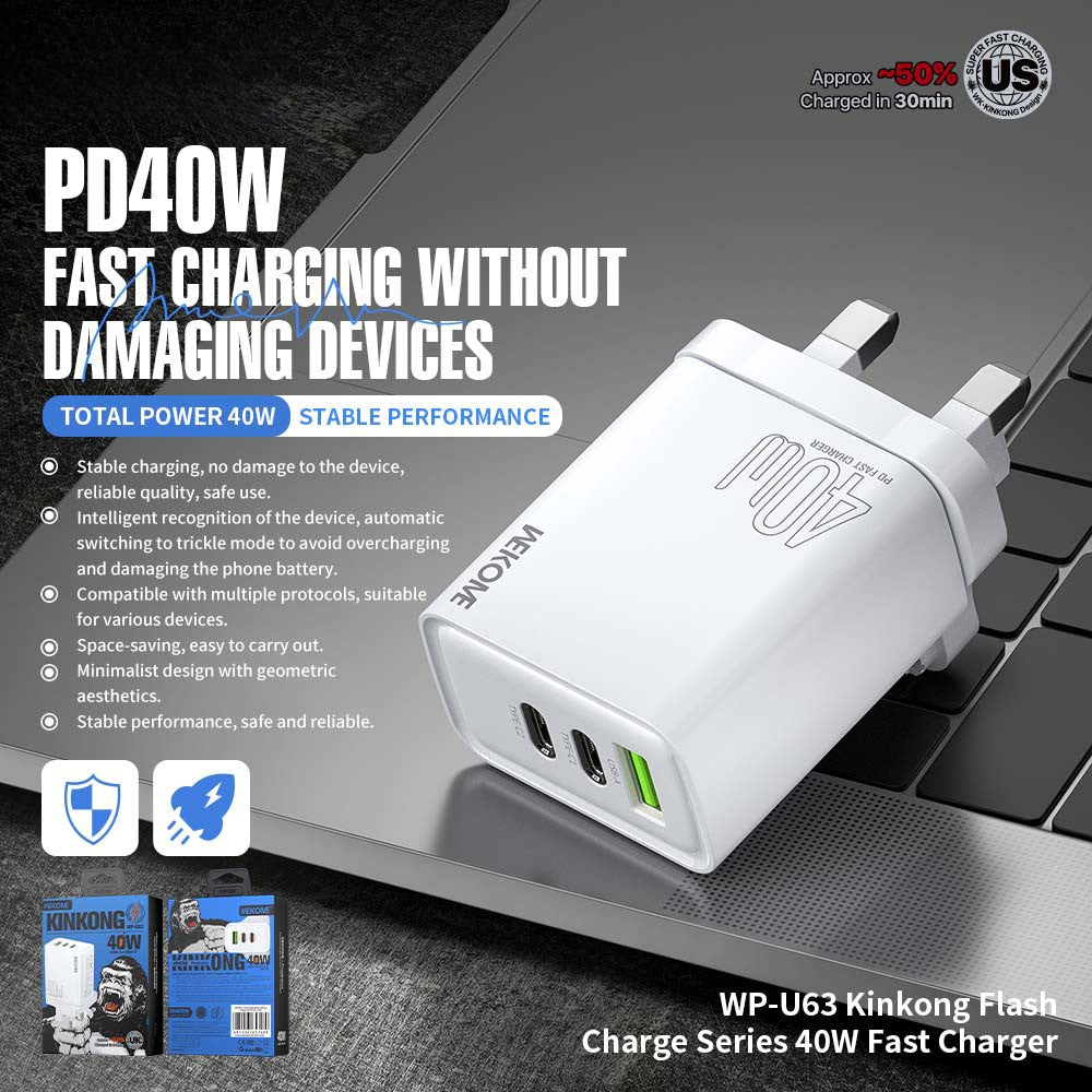 WEKOME WP-U63 40W Fast Charger USB-A + 2 Type-C Ports Portable Wall Charger Adapter
