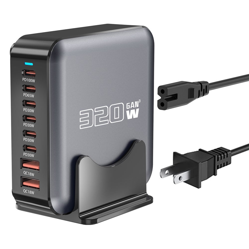 320W GaN Desktop Charger 8 Port Output Fast Charging Station for Phones Tablets Drones