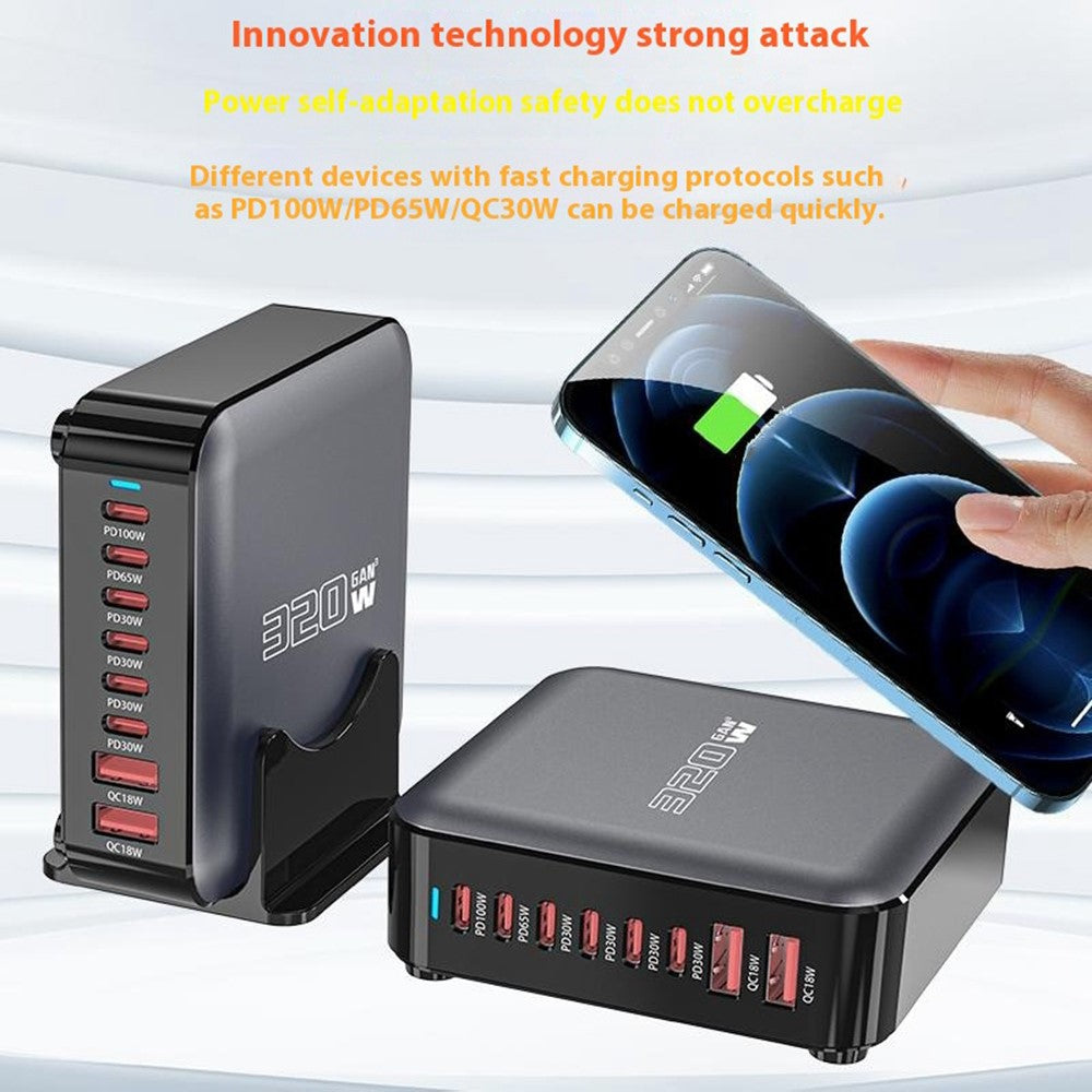 320W GaN Desktop Charger 8 Port Output Fast Charging Station for Phones Tablets Drones