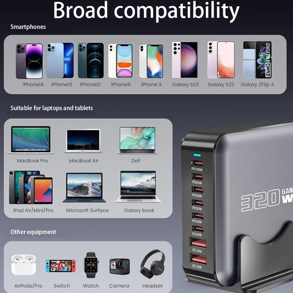 320W GaN Desktop Charger 8 Port Output Fast Charging Station for Phones Tablets Drones